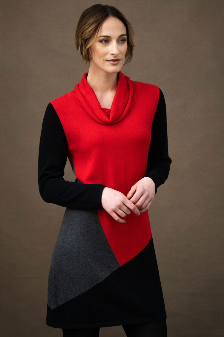 Marble cowl neck red block tunic